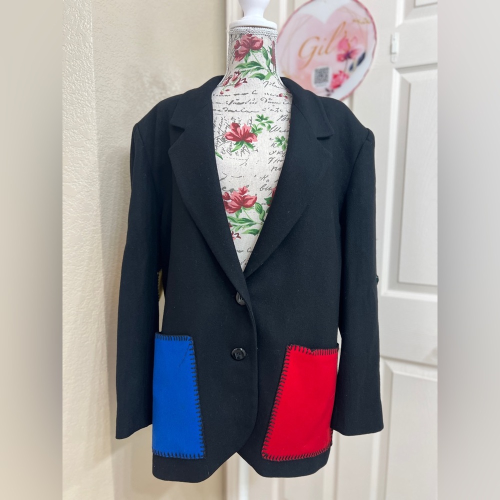 New Frontier Black Blazer with Red and Blue Accents 100% wool